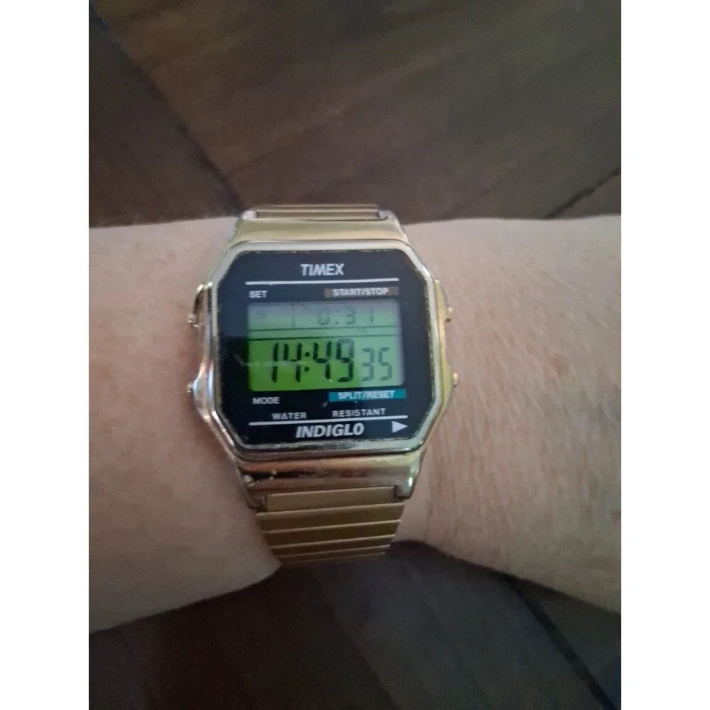 Timex Digital Goldtone Expansion Watch Alarm Indiglo Chrono Working 6.5” 2016